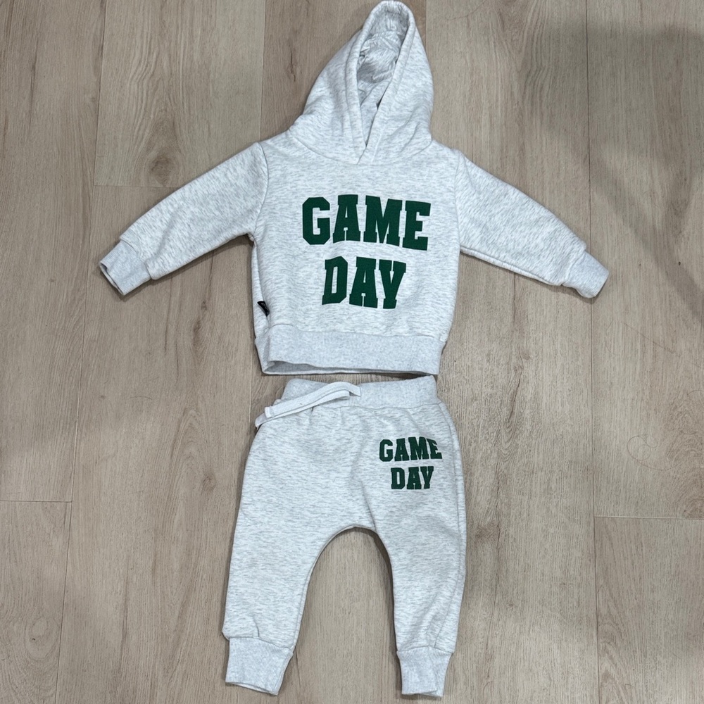 Game Day Kids Hoodie & Jogger Set - Heather Gray with Green